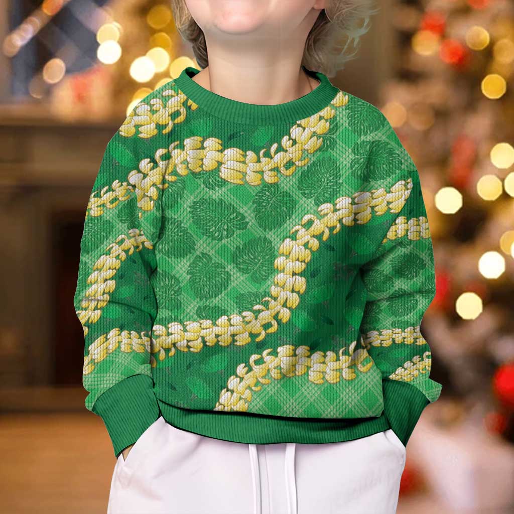Green Palaka Hawaii Mele Kalikimaka Kid Ugly Christmas Sweater Ohia Lehua Monstera Puakenikeni Lei - Polynesian Pride