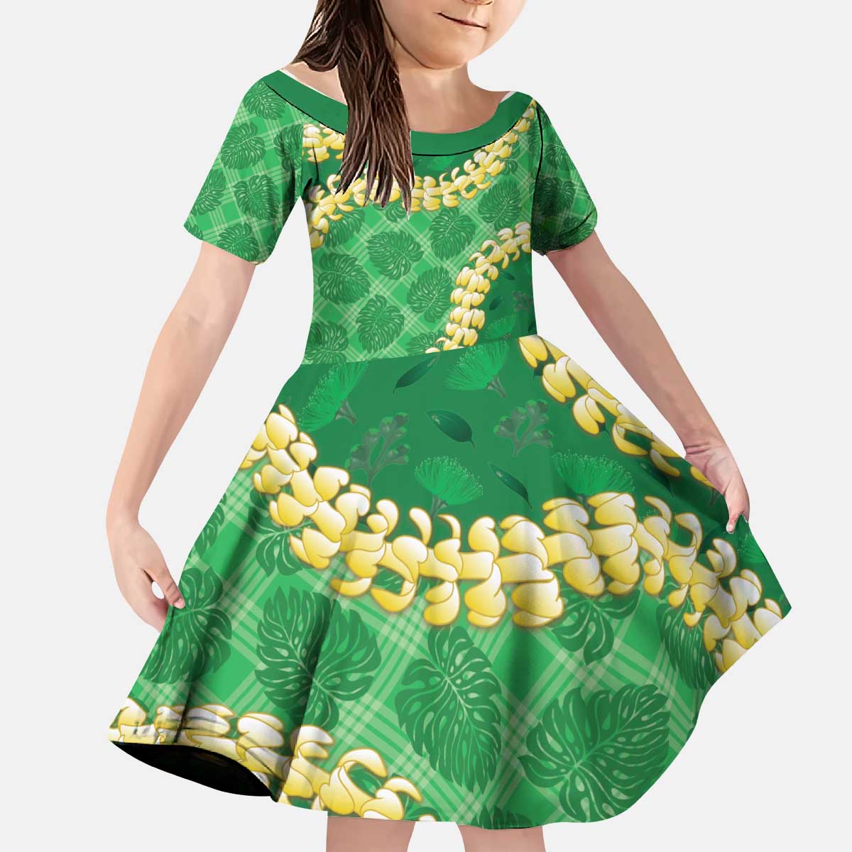 Green Palaka Hawaii Mele Kalikimaka Kid Short Sleeve Dress Ohia Lehua Monstera Puakenikeni Lei - Polynesian Pride