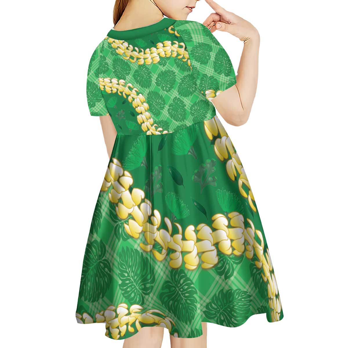 Green Palaka Hawaii Mele Kalikimaka Kid Short Sleeve Dress Ohia Lehua Monstera Puakenikeni Lei - Polynesian Pride
