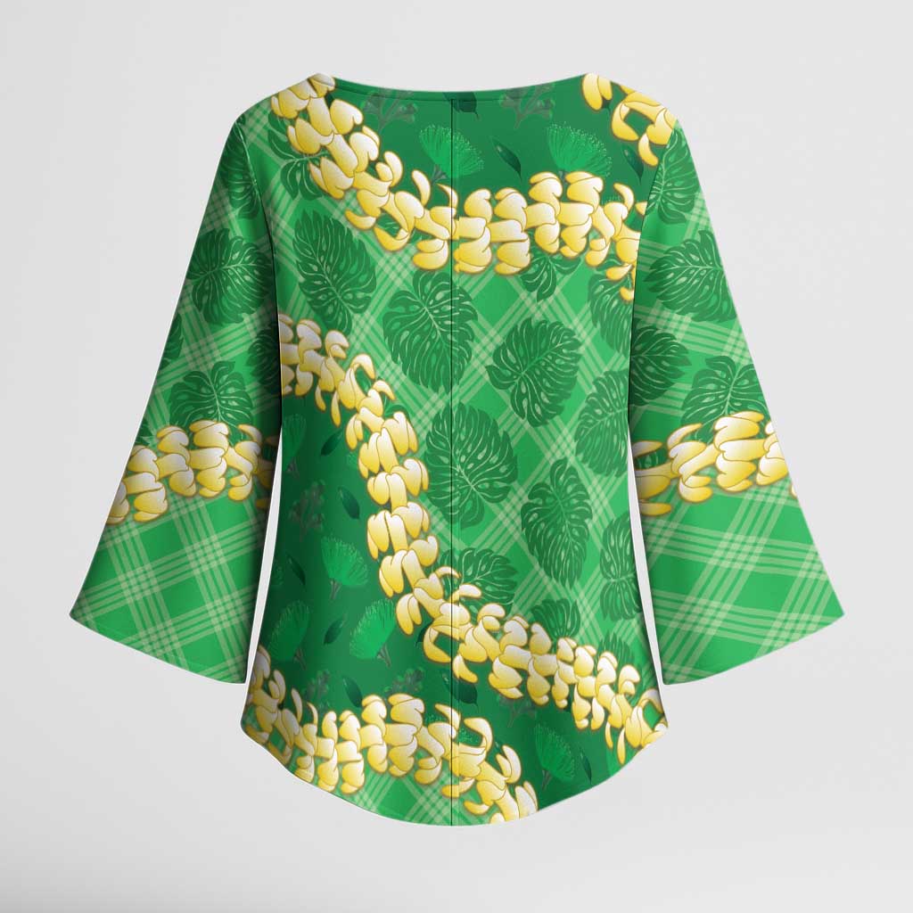 Green Palaka Hawaii Mele Kalikimaka Kimono Sleeve Blouse Ohia Lehua Monstera Puakenikeni Lei - Polynesian Pride