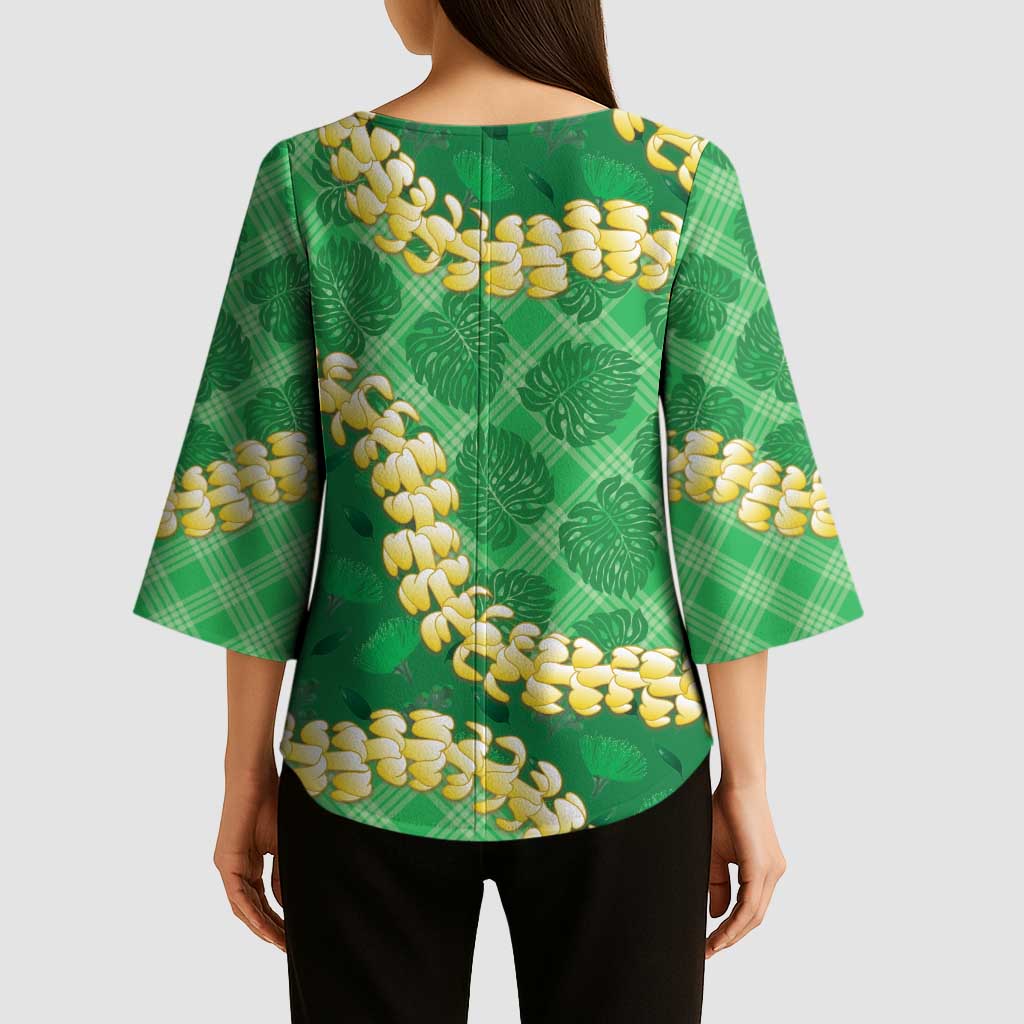 Green Palaka Hawaii Mele Kalikimaka Kimono Sleeve Blouse Ohia Lehua Monstera Puakenikeni Lei - Polynesian Pride