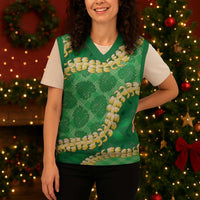 Green Palaka Hawaii Mele Kalikimaka Christmas Knitted V-Neck Vest Ohia Lehua Monstera Puakenikeni Lei - Polynesian Pride