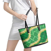 Green Palaka Hawaii Mele Kalikimaka Leather Tote Bag Ohia Lehua Monstera Puakenikeni Lei - Polynesian Pride