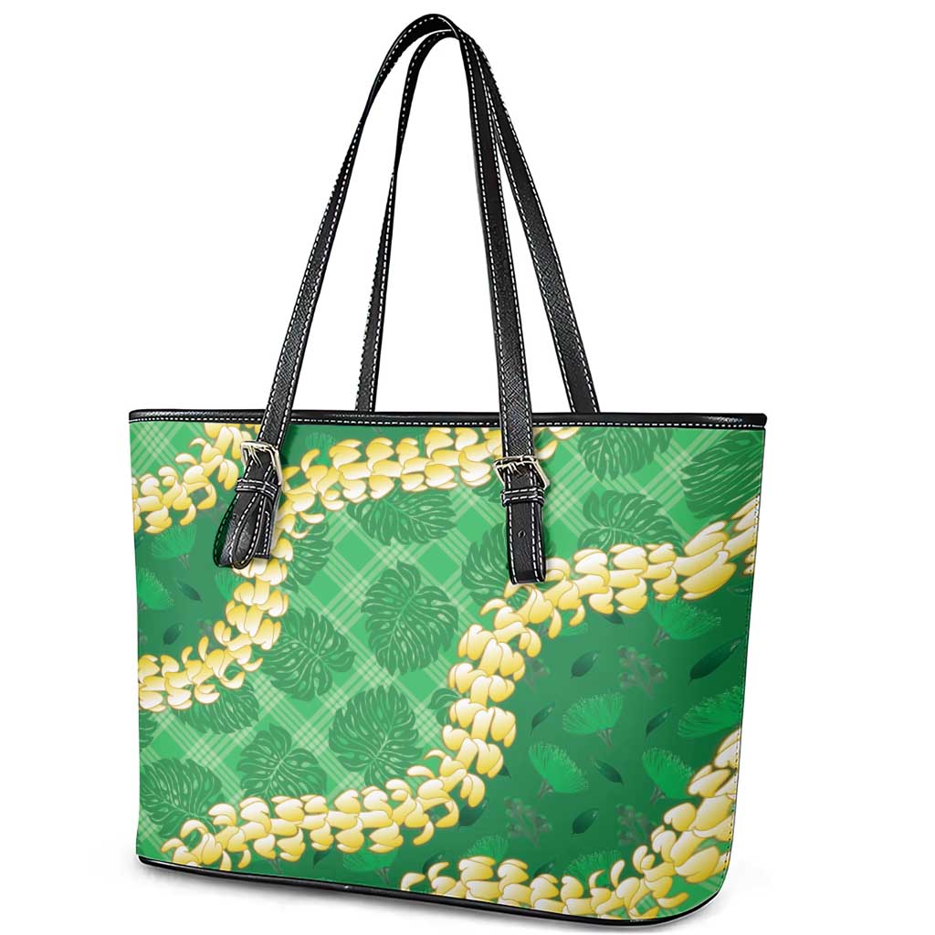 Green Palaka Hawaii Mele Kalikimaka Leather Tote Bag Ohia Lehua Monstera Puakenikeni Lei - Polynesian Pride