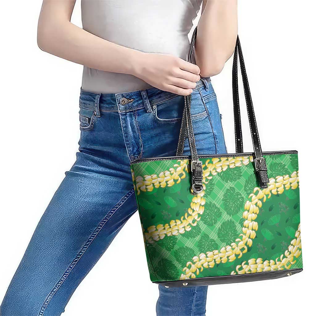 Green Palaka Hawaii Mele Kalikimaka Leather Tote Bag Ohia Lehua Monstera Puakenikeni Lei - Polynesian Pride