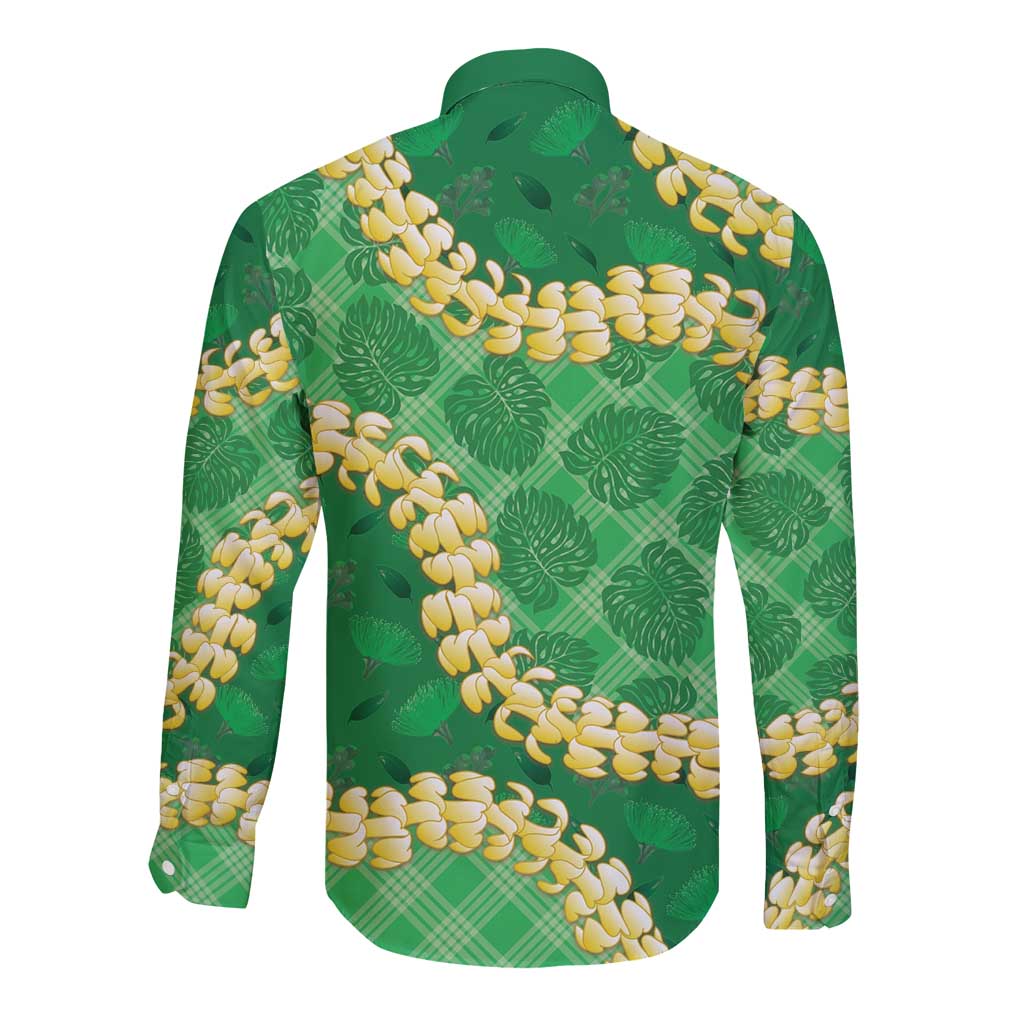 Green Palaka Hawaii Mele Kalikimaka Long Sleeve Button Shirt Ohia Lehua Monstera Puakenikeni Lei - Polynesian Pride