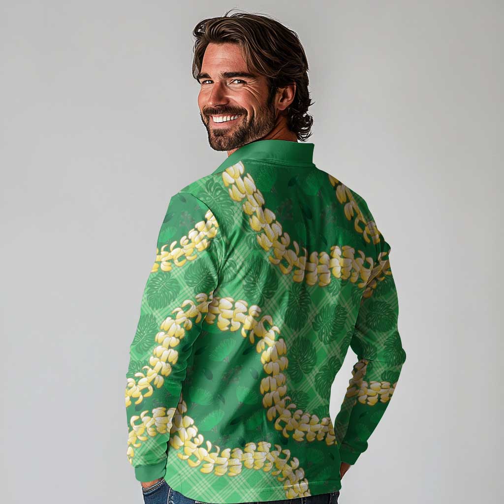 Green Palaka Hawaii Mele Kalikimaka Long Sleeve Polo Shirt Ohia Lehua Monstera Puakenikeni Lei - Polynesian Pride