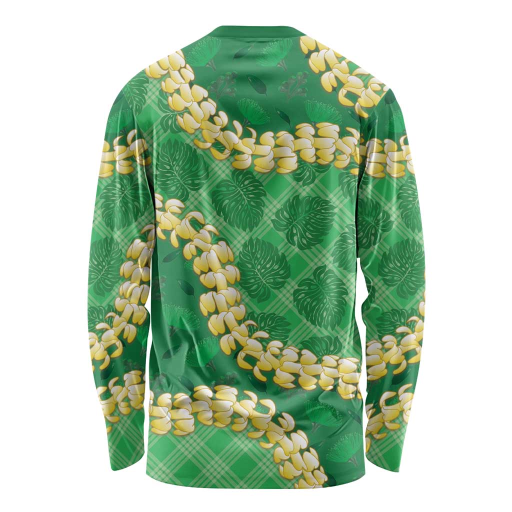 Green Palaka Hawaii Mele Kalikimaka Long Sleeve Shirt Ohia Lehua Monstera Puakenikeni Lei - Polynesian Pride