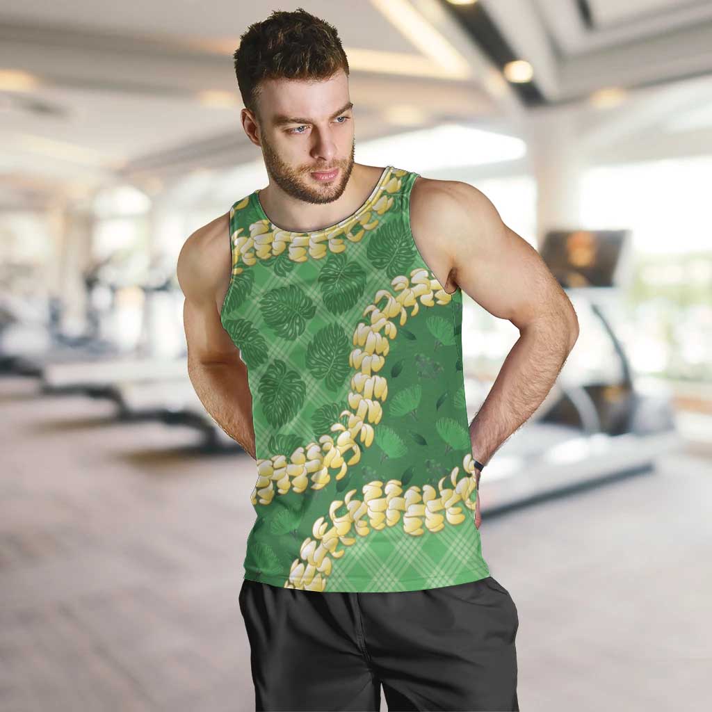 Green Palaka Hawaii Mele Kalikimaka Men Tank Top Ohia Lehua Monstera Puakenikeni Lei - Polynesian Pride