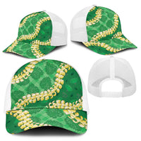Green Palaka Hawaii Mele Kalikimaka Mesh Trucker Cap Ohia Lehua Monstera Puakenikeni Lei - Polynesian Pride
