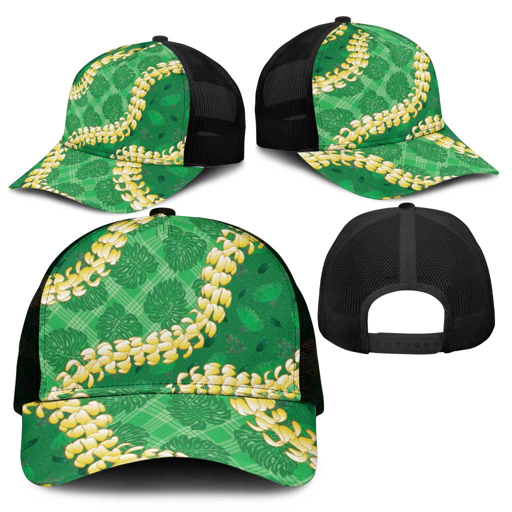 Green Palaka Hawaii Mele Kalikimaka Mesh Trucker Cap Ohia Lehua Monstera Puakenikeni Lei - Polynesian Pride