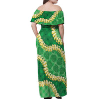 Green Palaka Hawaii Mele Kalikimaka Off Shoulder Maxi Dress Ohia Lehua Monstera Puakenikeni Lei - Polynesian Pride