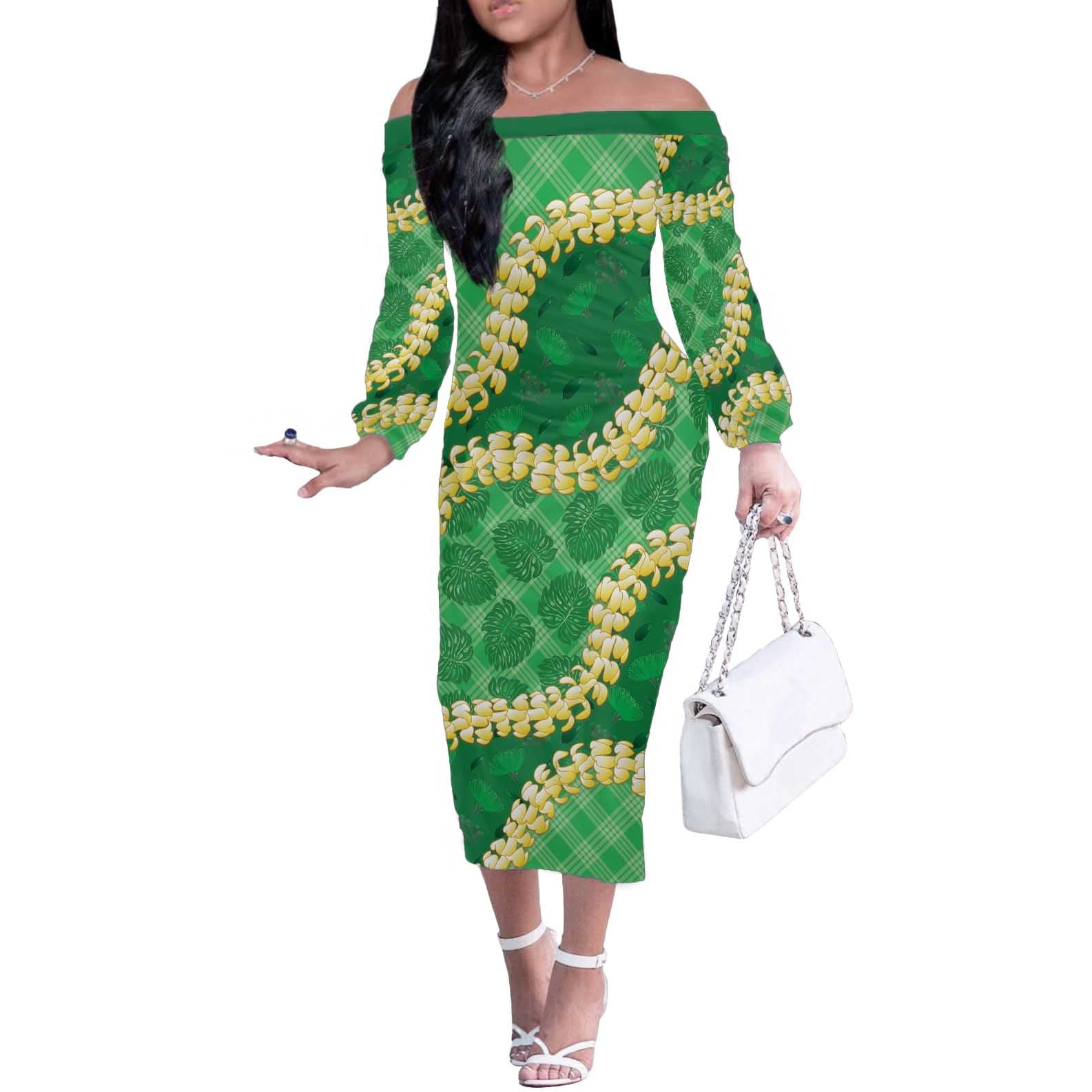 Green Palaka Hawaii Mele Kalikimaka Off The Shoulder Long Sleeve Dress Ohia Lehua Monstera Puakenikeni Lei - Polynesian Pride