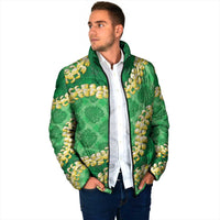 Green Palaka Hawaii Mele Kalikimaka Padded Jacket Ohia Lehua Monstera Puakenikeni Lei - Polynesian Pride
