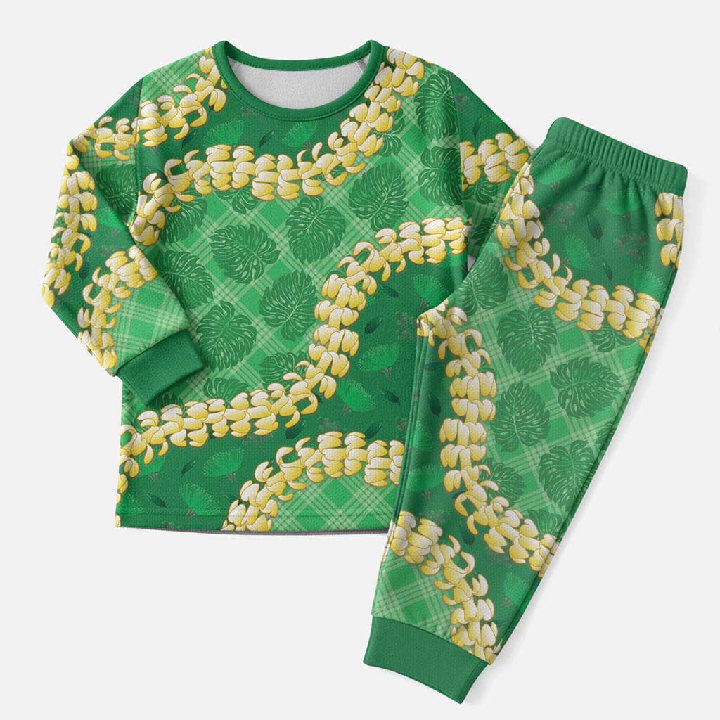 Green Palaka Hawaii Mele Kalikimaka Christmas Pajama Set Ohia Lehua Monstera Puakenikeni Lei - Polynesian Pride