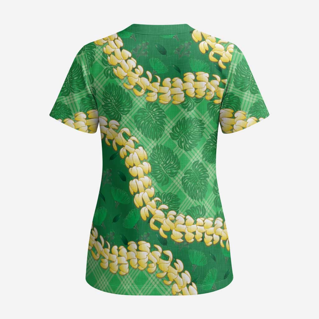 Green Palaka Hawaii Mele Kalikimaka Scrub Top Ohia Lehua Monstera Puakenikeni Lei - Polynesian Pride
