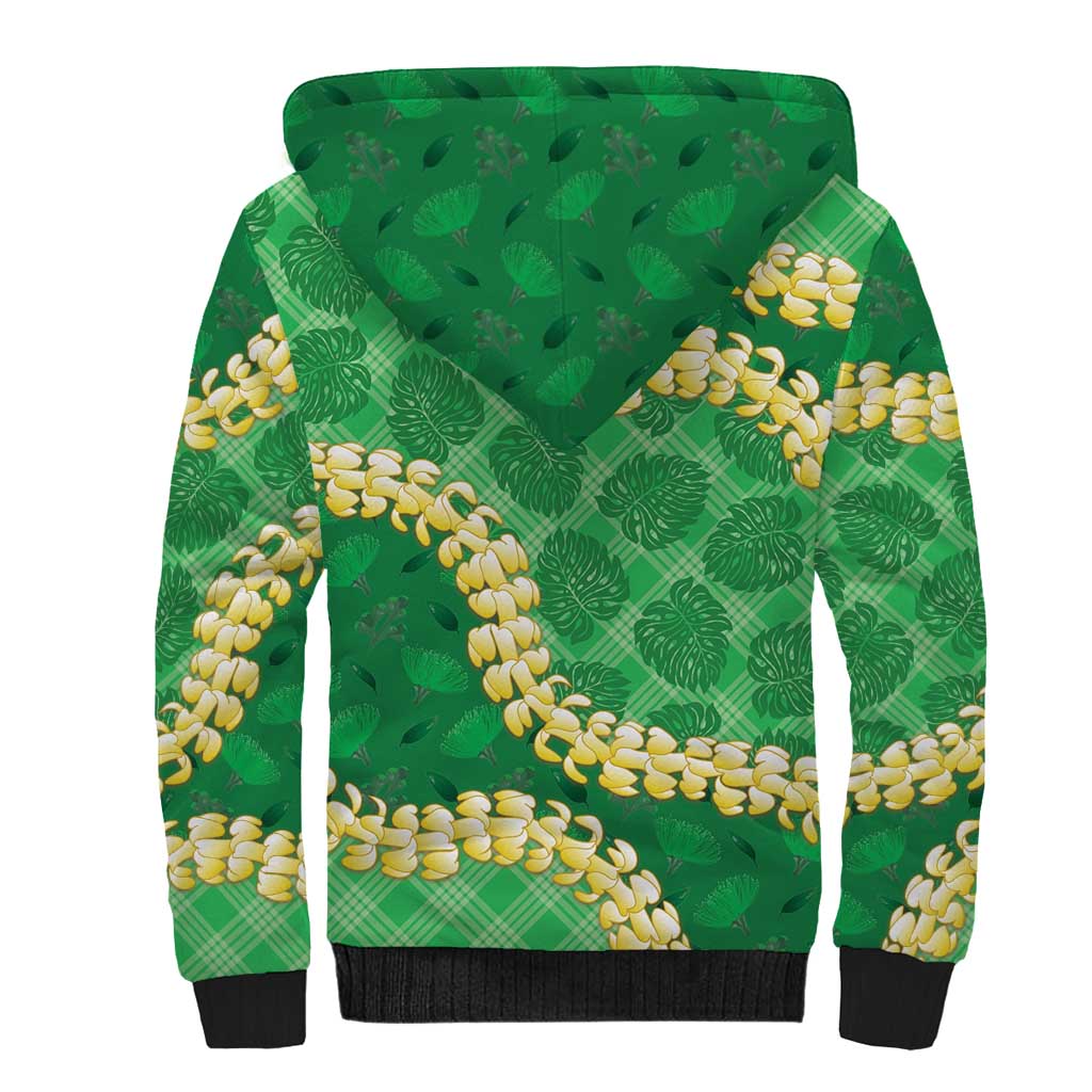 Green Palaka Hawaii Mele Kalikimaka Sherpa Hoodie Ohia Lehua Monstera Puakenikeni Lei - Polynesian Pride