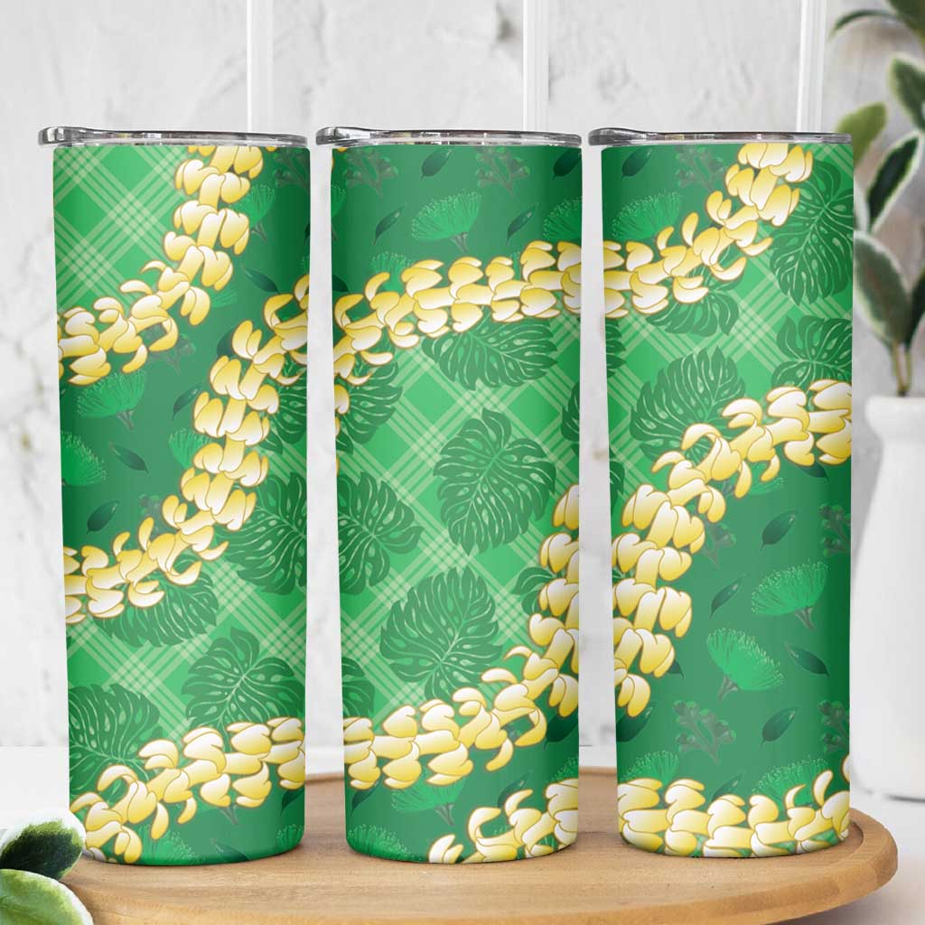Green Palaka Hawaii Mele Kalikimaka Skinny Tumbler Ohia Lehua Monstera Puakenikeni Lei - Polynesian Pride