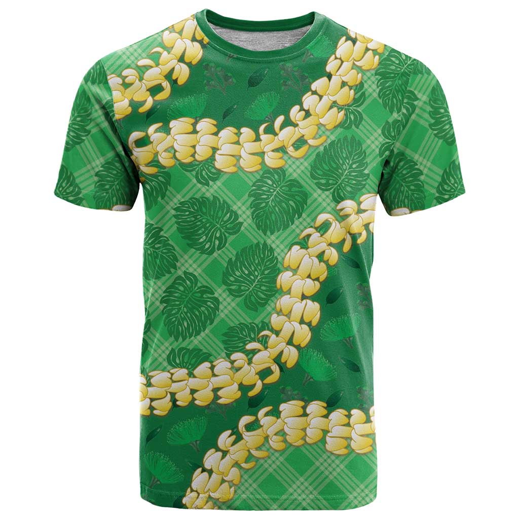 Green Palaka Hawaii Mele Kalikimaka T Shirt Ohia Lehua Monstera Puakenikeni Lei - Polynesian Pride