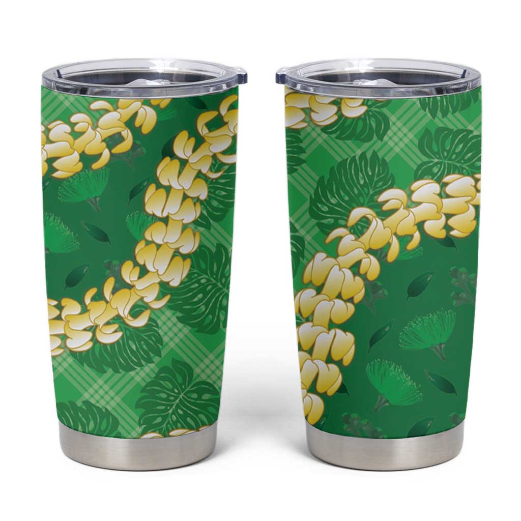 Green Palaka Hawaii Mele Kalikimaka Tumbler Cup Ohia Lehua Monstera Puakenikeni Lei - Polynesian Pride