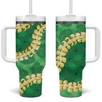 Green Palaka Hawaii Mele Kalikimaka Tumbler With Handle Ohia Lehua Monstera Puakenikeni Lei - Polynesian Pride