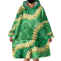 Green Palaka Hawaii Mele Kalikimaka Wearable Blanket Hoodie Ohia Lehua Monstera Puakenikeni Lei - Polynesian Pride