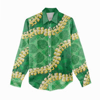 Green Palaka Hawaii Mele Kalikimaka Women Casual Shirt Ohia Lehua Monstera Puakenikeni Lei - Polynesian Pride