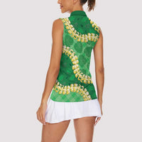 Green Palaka Hawaii Mele Kalikimaka Women Sleeveless Polo Shirt Ohia Lehua Monstera Puakenikeni Lei - Polynesian Pride