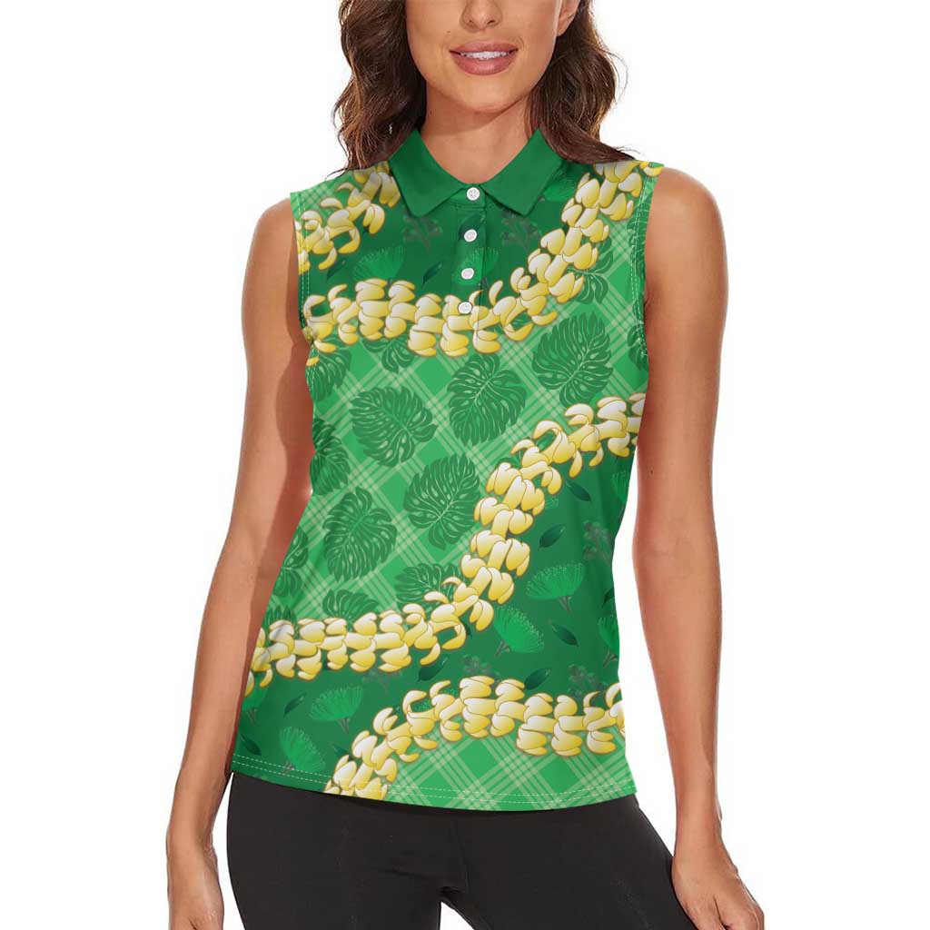 Green Palaka Hawaii Mele Kalikimaka Women Sleeveless Polo Shirt Ohia Lehua Monstera Puakenikeni Lei - Polynesian Pride