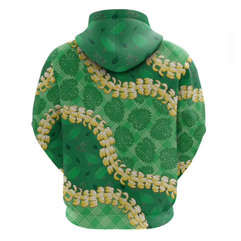 Green Palaka Hawaii Mele Kalikimaka Zip Hoodie Ohia Lehua Monstera Puakenikeni Lei - Polynesian Pride
