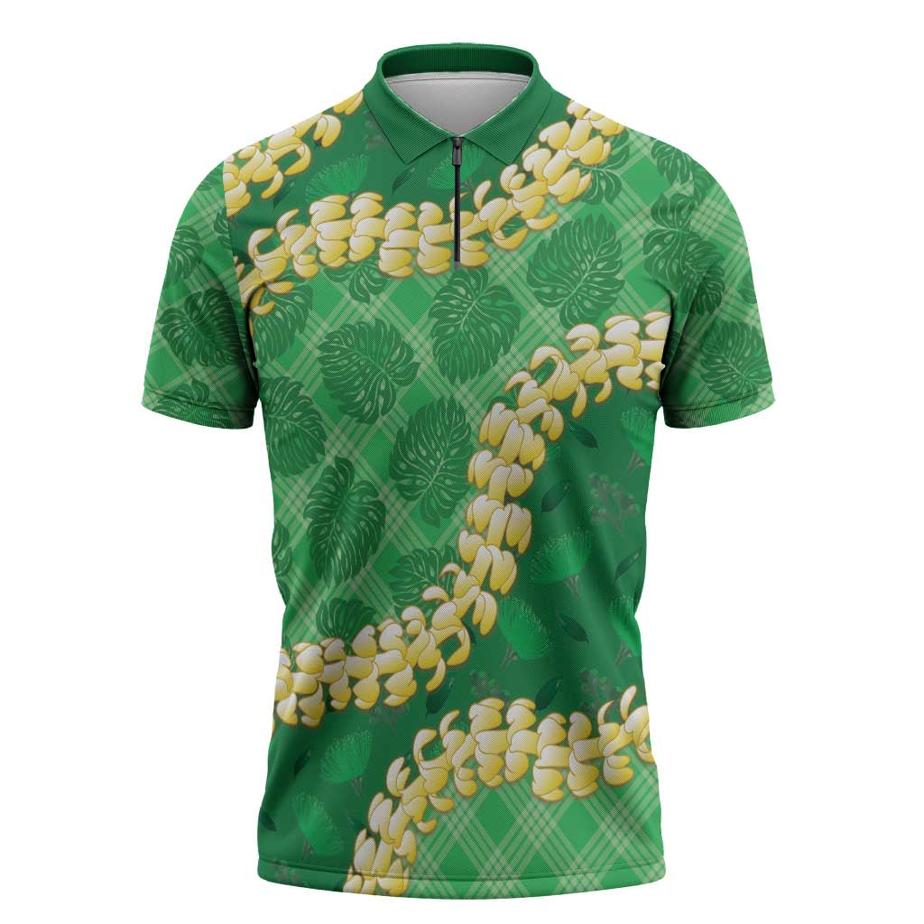 Green Palaka Hawaii Mele Kalikimaka Zipper Polo Shirt Ohia Lehua Monstera Puakenikeni Lei - Polynesian Pride