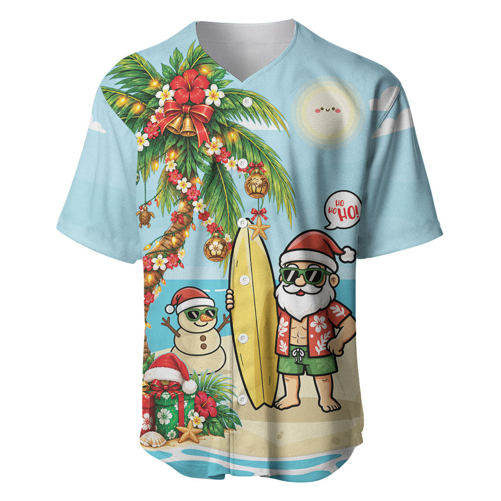 Hawaii Christmas Mele Kalikimaka Baseball Jersey Festive Palm Chilling Santa With Surfboard LT14 Blue - Polynesian Pride