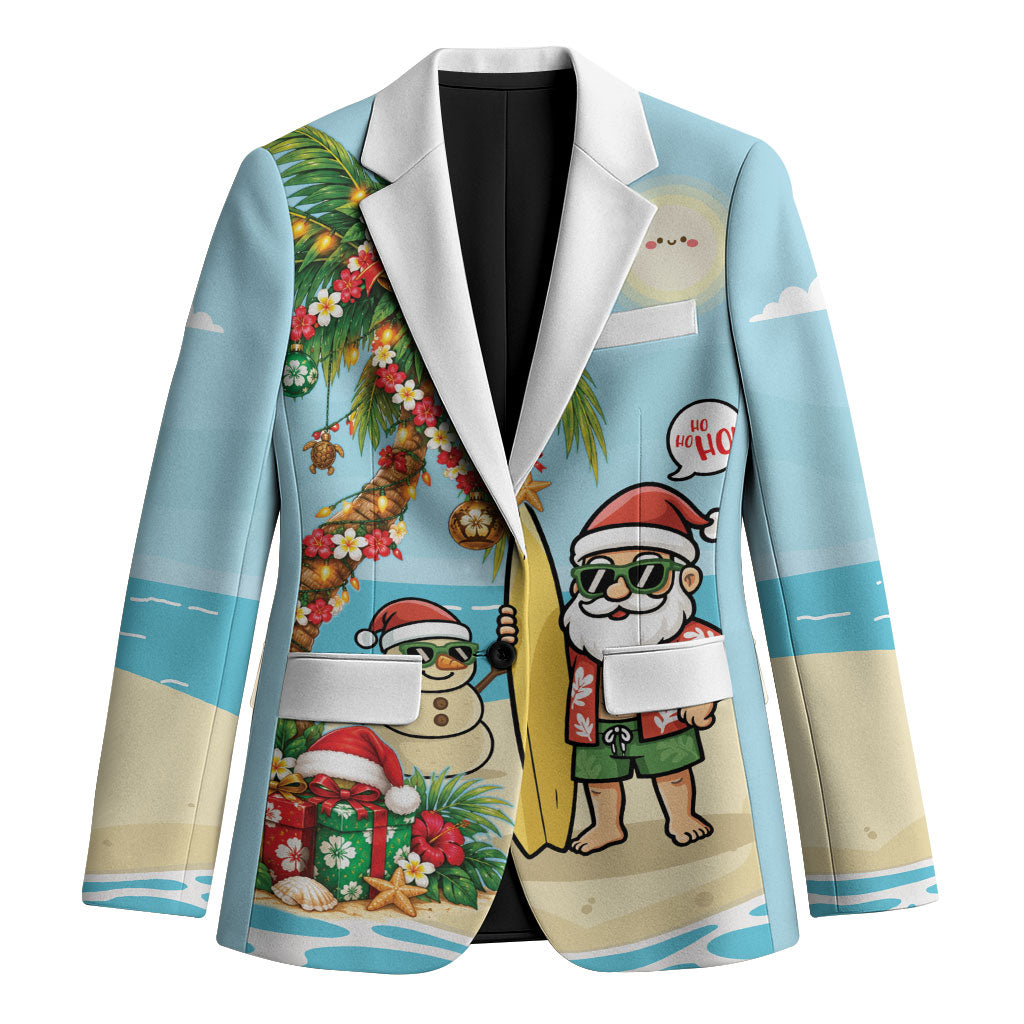 Hawaii Christmas Mele Kalikimaka Blazer Festive Palm Chilling Santa With Surfboard LT14 Unisex Blue - Polynesian Pride