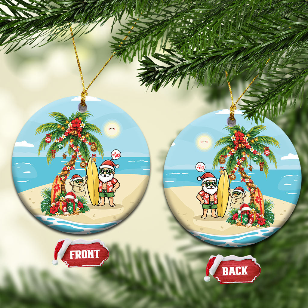 Hawaii Christmas Mele Kalikimaka Ceramic Ornament Festive Palm Chilling Santa With Surfboard LT14 Circle Blue - Polynesian Pride