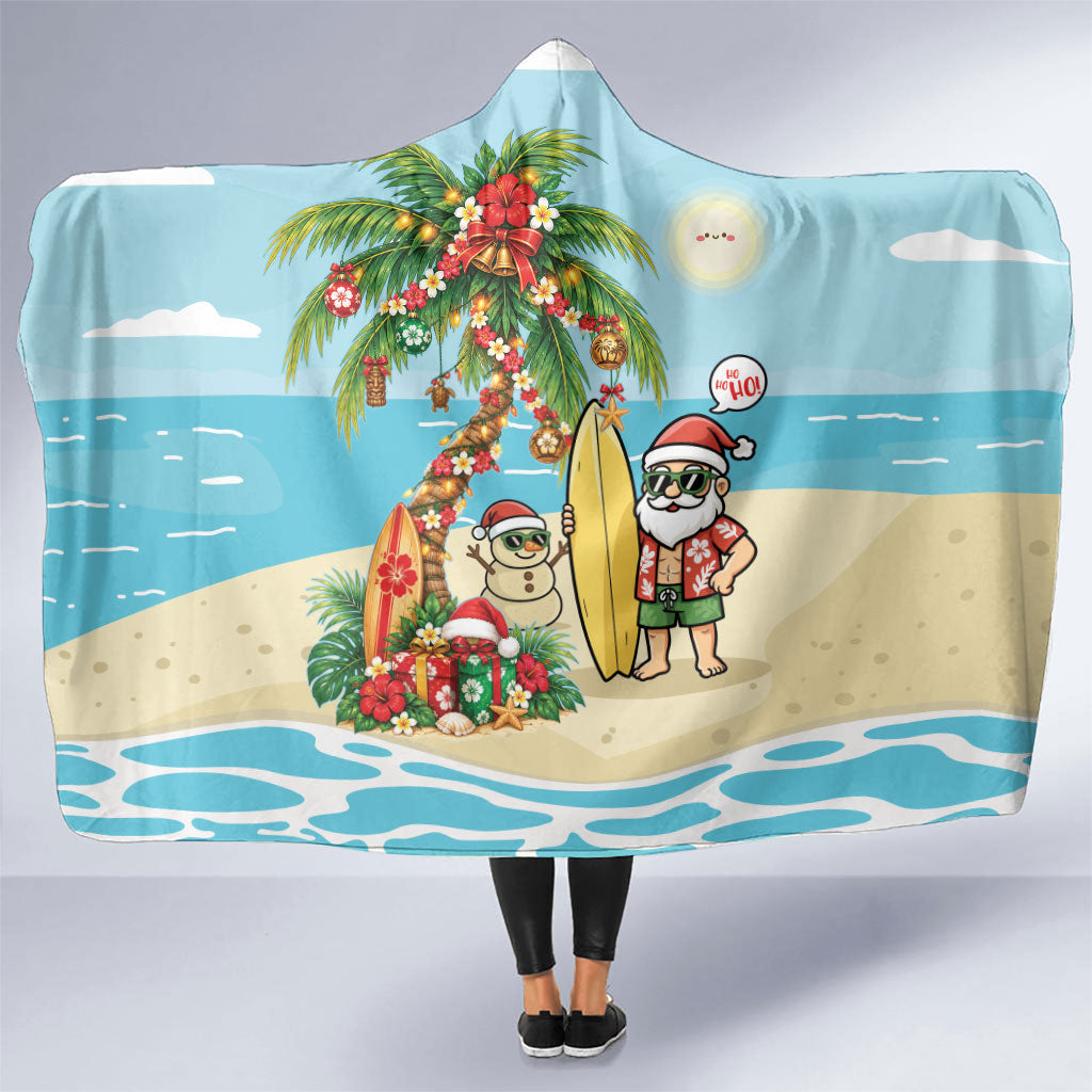 Hawaii Christmas Mele Kalikimaka Hooded Blanket Festive Palm Chilling Santa With Surfboard LT14 One Size Blue - Polynesian Pride