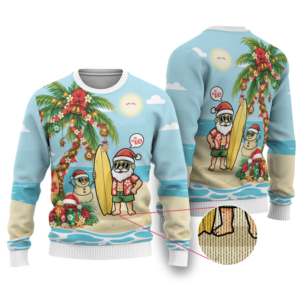 Hawaii Christmas Mele Kalikimaka Ugly Christmas Sweater Festive Palm Chilling Santa With Surfboard LT14 Blue - Polynesian Pride