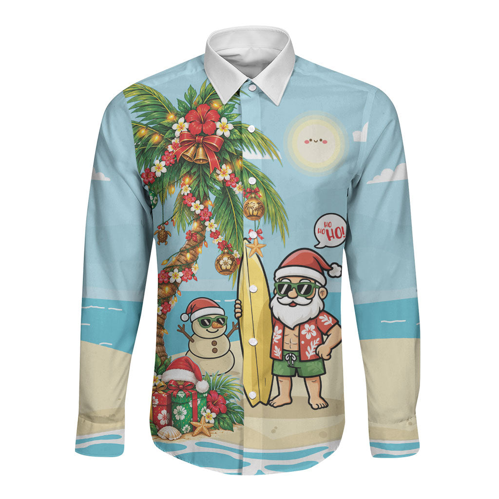 Hawaii Christmas Mele Kalikimaka Long Sleeve Button Shirt Festive Palm Chilling Santa With Surfboard LT14 Unisex Blue - Polynesian Pride