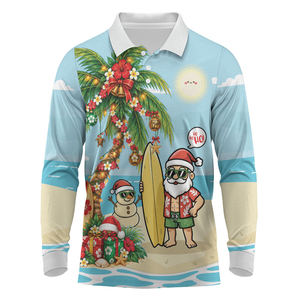 Hawaii Christmas Mele Kalikimaka Long Sleeve Polo Shirt Festive Palm Chilling Santa With Surfboard