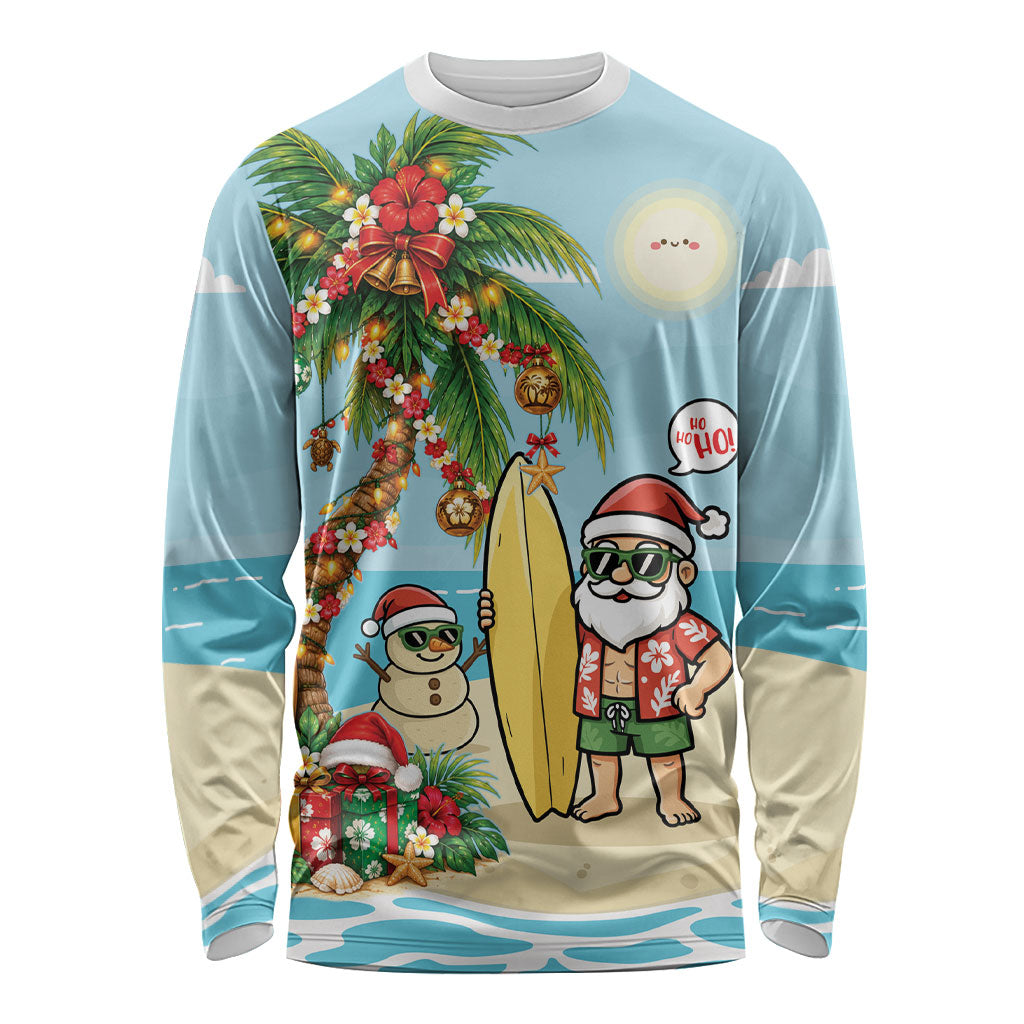 Hawaii Christmas Mele Kalikimaka Long Sleeve Shirt Festive Palm Chilling Santa With Surfboard LT14 Unisex Blue - Polynesian Pride