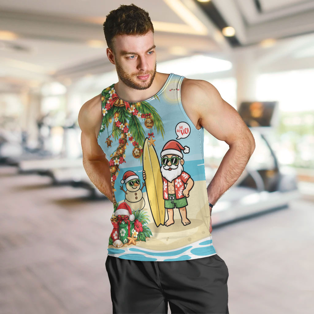 Hawaii Christmas Mele Kalikimaka Men Tank Top Festive Palm Chilling Santa With Surfboard