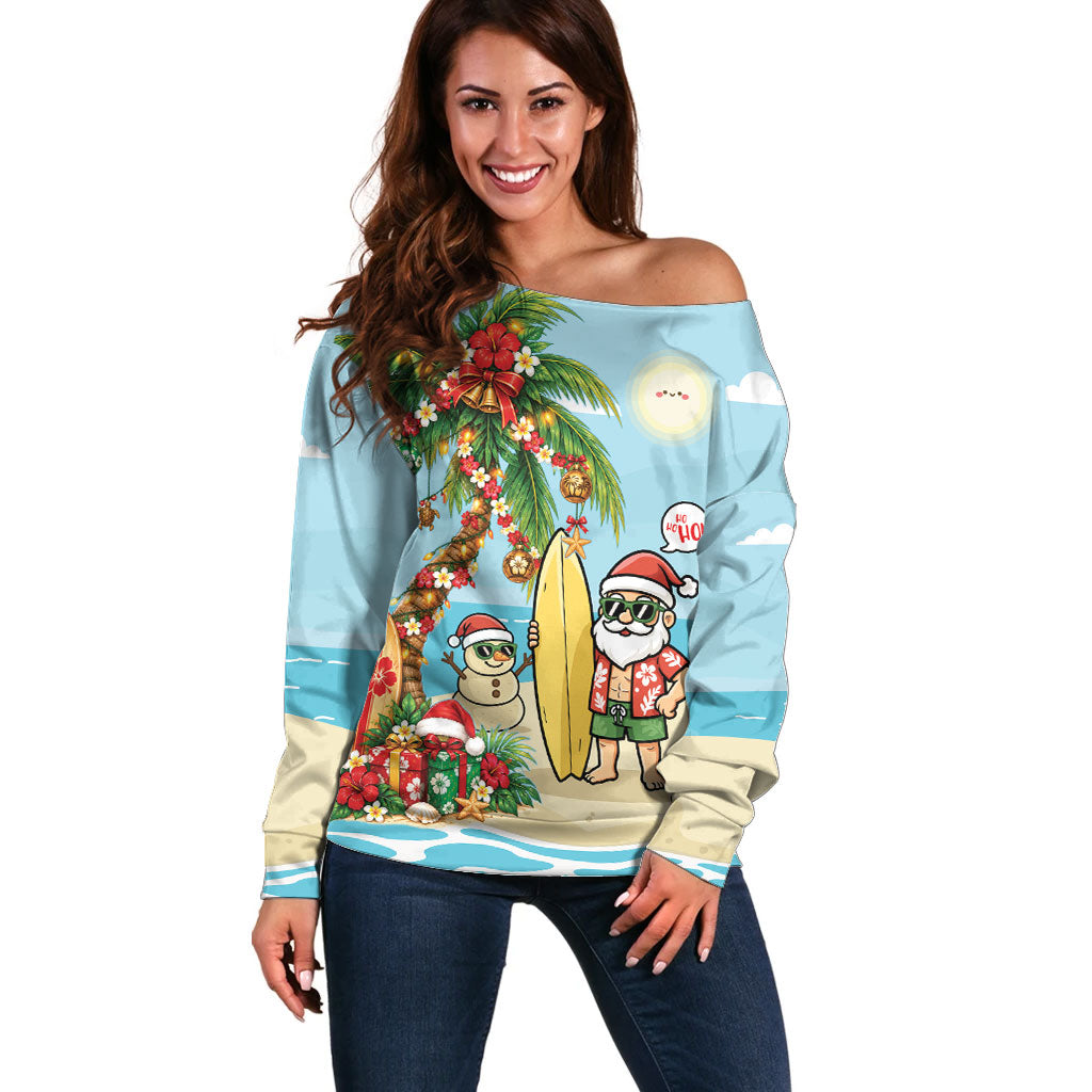 Hawaii Christmas Mele Kalikimaka Off Shoulder Sweater Festive Palm Chilling Santa With Surfboard