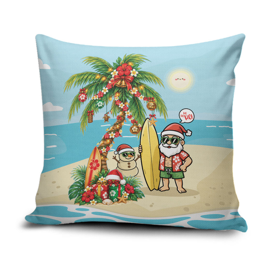 Hawaii Christmas Mele Kalikimaka Pillow Cover Festive Palm Chilling Santa With Surfboard LT14 Blue - Polynesian Pride