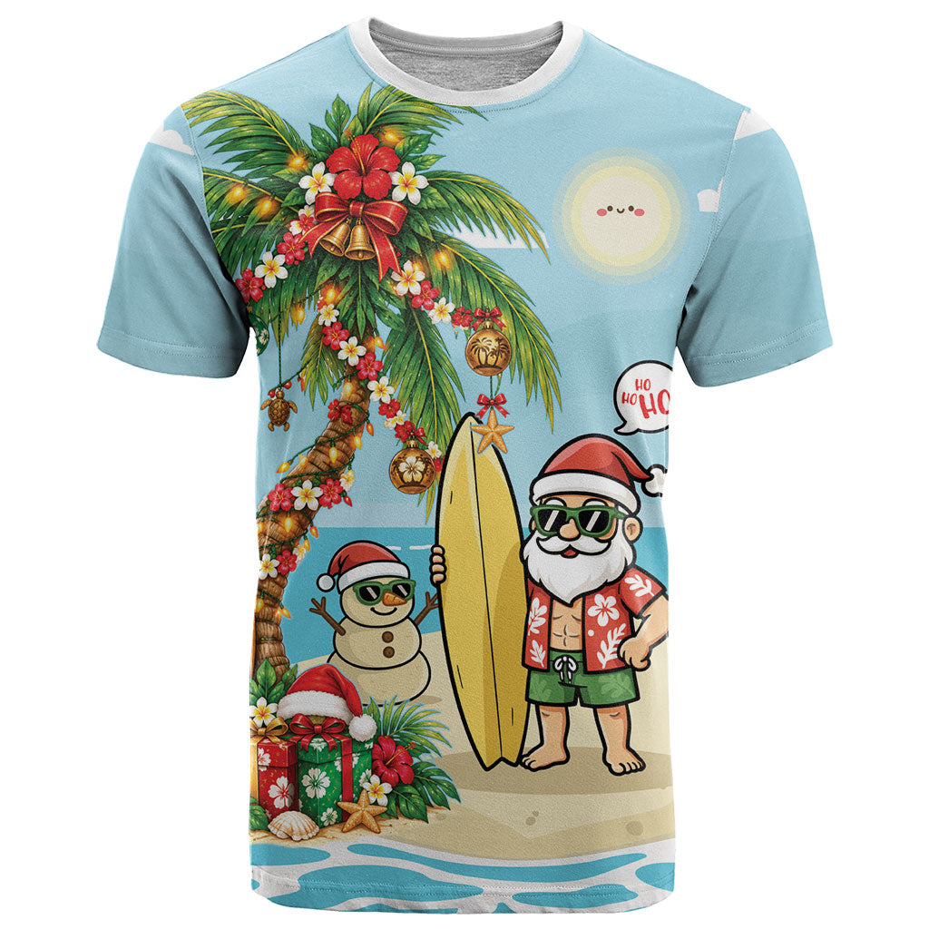 Hawaii Christmas Mele Kalikimaka T Shirt Festive Palm Chilling Santa With Surfboard