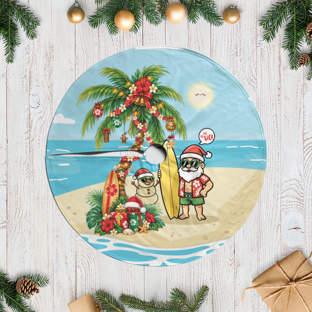 Hawaii Christmas Mele Kalikimaka Tree Skirt Festive Palm Chilling Santa With Surfboard LT14 Casual Blue - Polynesian Pride