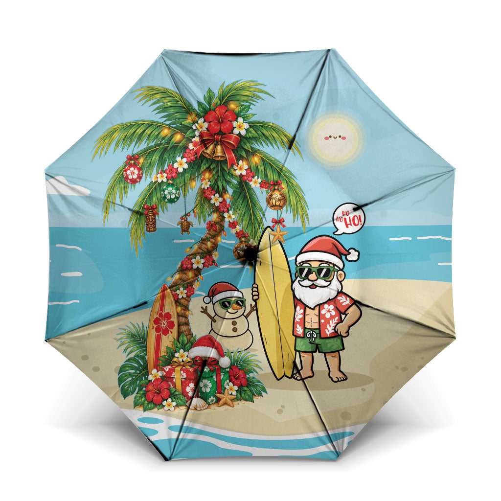 Hawaii Christmas Mele Kalikimaka Umbrella Festive Palm Chilling Santa With Surfboard LT14 One Size Folded 11.42 inch Opened Diameter 37.4 inch Blue - Polynesian Pride