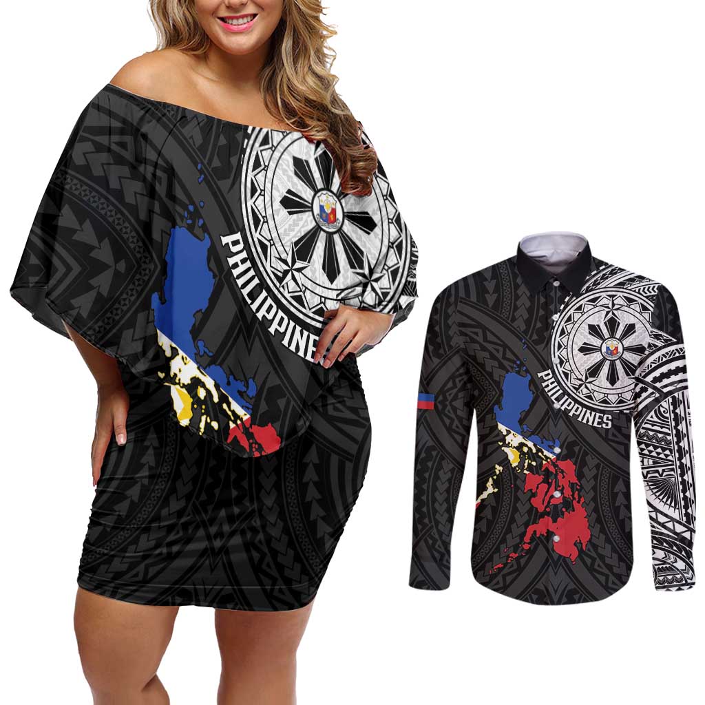 Philippines Strong Couples Matching Off Shoulder Short Dress and Long Sleeve Button Shirt Filipino Map Polynesian Tattoo - Polynesian Pride