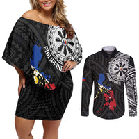 Philippines Strong Couples Matching Off Shoulder Short Dress and Long Sleeve Button Shirt Filipino Map Polynesian Tattoo - Polynesian Pride