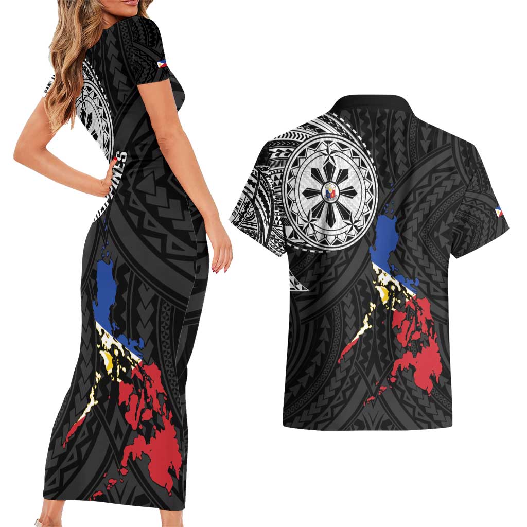 Philippines Strong Couples Matching Short Sleeve Bodycon Dress and Hawaiian Shirt Filipino Map Polynesian Tattoo - Polynesian Pride