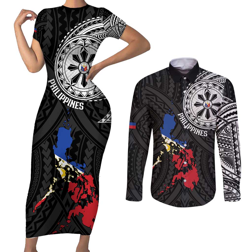 Philippines Strong Couples Matching Short Sleeve Bodycon Dress and Long Sleeve Button Shirt Filipino Map Polynesian Tattoo - Polynesian Pride