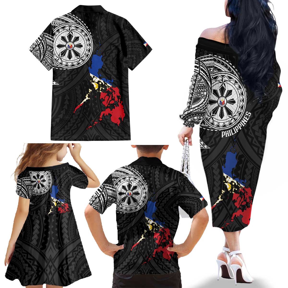Philippines Strong Family Matching Off The Shoulder Long Sleeve Dress and Hawaiian Shirt Filipino Map Polynesian Tattoo - Polynesian Pride